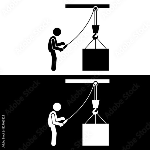 Rigger or Signalman Icon Controlling Lifting Load with Tag Line, Overhead Crane Operation Safety.