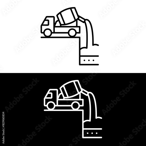 Concrete Mixer Truck Pouring Cement into Foundation Line Art Icon.