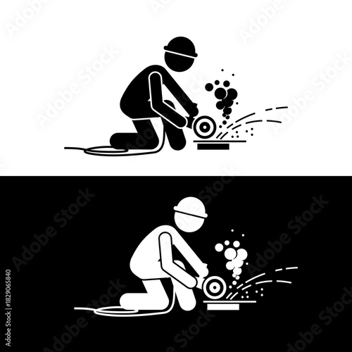 Industrial Safety Icon Worker Grinding Metal with Angle Grinder, Sparks and Hot Work Hazard.