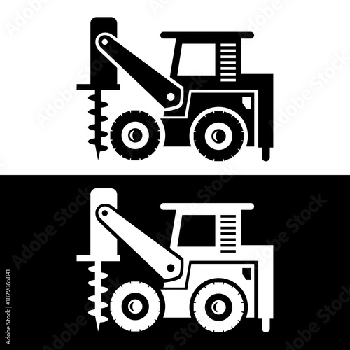 Skid Steer Loader Icon with Hydraulic Auger Attachment, Post Hole Digger Symbol.