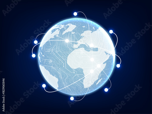 Global Network Technology – Digital World Map with Connected Nodes, Earth Data Lines, Communication Links and Worldwide Business Connection Vector Illustration