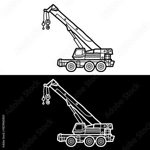 Mobile Crane Line Art Icon, Heavy Duty Construction Vehicle Outline Vector.