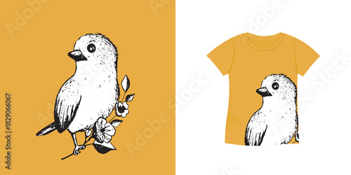 T-shirt with bird pattern. Women jersey, sport uniform kit, short fashion top, round neck blouse. Sketch Illustration. Template mock up.
