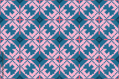 Cross Stitch embroidery pattern. Traditional Ukrainian. Geometric ethnic pattern. Textile ornamentation, fabric, Hand stitched pattern, Cultural stitching pixel art, scarf, rug.Pixel ethnic pattern.