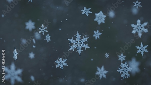 Snowflakes falling gently in a winter wonderland scene.