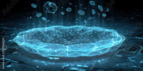 Digital water ripple effect showcasing glowing particles in a dark, futuristic setting with a techy ambiance and abstract design