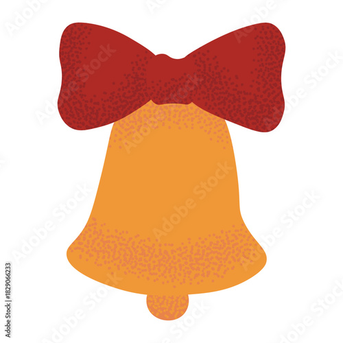 Golden Christmas bell with red ribbon. Festive ornament for holiday design, seasonal decoration and cheerful winter illustrations