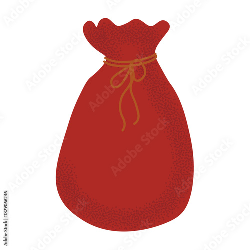 Large red sack filled with gifts. Classic Santa accessory for Christmas design, holiday decoration