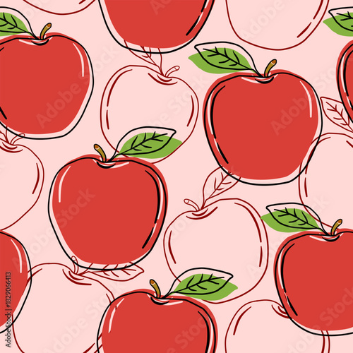 Apples seamless pattern. Cute hand drawn apples on a white background. Doodle fruit outline. Hand-drawn seamless pattern for textiles and cards.