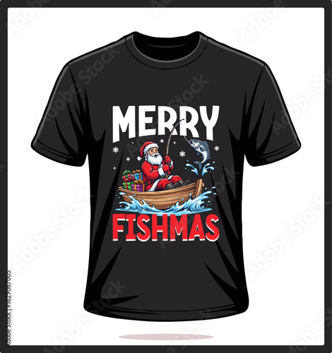 Merry Fish Mas Santa Fishing Funny Christmas Fisherman Graphic T-Shirt Design 