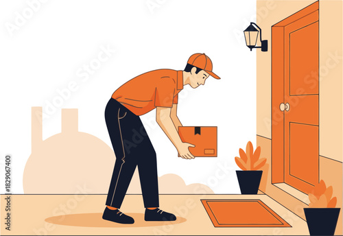 A delivery person hands a box to a customer at their door.  Bright, direct-to-door service illustration.  Clean, modern style.