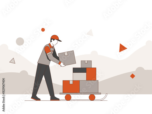 A delivery worker carefully moves boxes on a dolly, conveying a sense of efficiency and smooth relocation. Modern, minimalist illustration style.