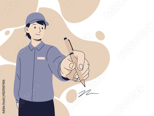 A smiling delivery professional signs a sealed delivery, conveying trust and security. Clean, modern illustration with a soft color palette.