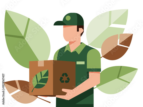 delivery worker carries a recycled box amidst green leaves symbolizing sustainable logistics Modern clean illustration with a focus on eco-friendly practices
