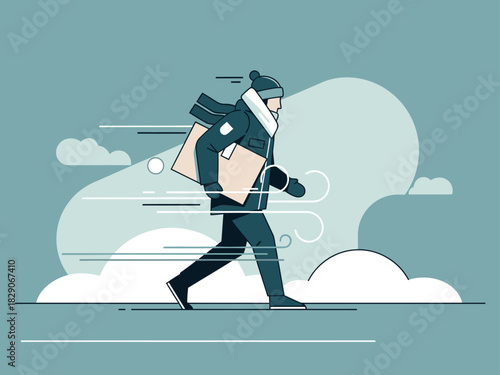 determined courier races through a snowy landscape delivering a parcel with speed  Illustrative style vibrant colors and dynamic movement convey fast delivery service