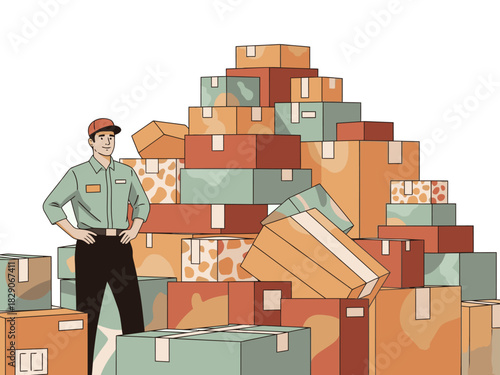 A delivery worker stands proudly beside a towering stack of colorful gift boxes, ready to serve. A vibrant and appealing image for commercial use.