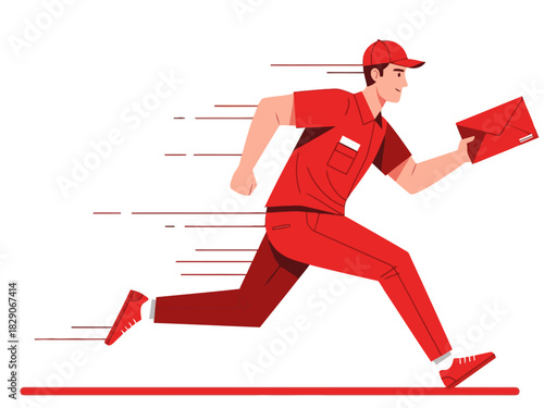 dynamic delivery man sprints with an urgent priority post showcasing speed and efficiency Bold red color scheme and motion lines create a sense of urgency Perfect for business and logistics themes