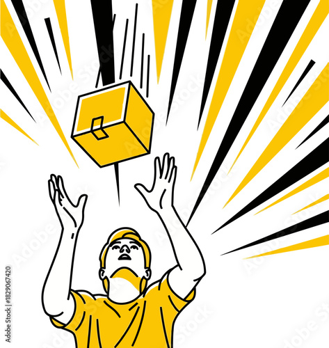dynamic illustration depicts a man catching a falling box with a 'Fast Free Drop' logo Bold yellow and black colors create a vibrant energetic visual Perfect for marketing and promotional materials