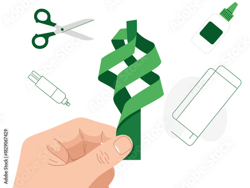 A hand crafts a paper spiral using scissors, glue, and a ribbon. Clean, minimalist illustration with a focus on simple crafting. Suitable for tutorials and DIY concepts.