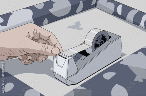 A hand operates a tape dispenser on a patterned surface. Clean, graphic illustration. Focus on the action and simple composition. Suitable for commercial use.