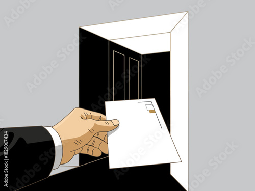 A hand extends an invitation through an open doorway, symbolizing opportunity. A formal suit and crisp white envelope create a sophisticated, intriguing visual. Modern, minimalist style.