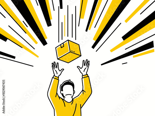 A dynamic illustration depicts a falling box with a man reaching upwards. Bold black and yellow colors create a sense of speed and excitement. Perfect for marketing and promotional materials.