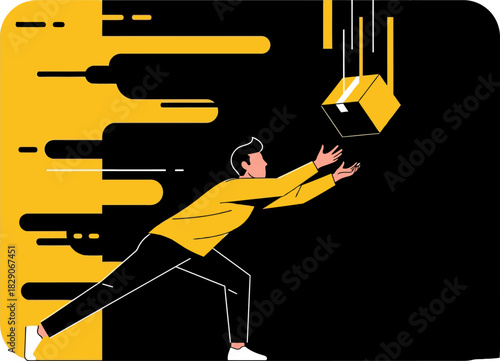 A man catches a falling box with a yellow background and dynamic splashes. Illustrative, modern, and fast delivery concept. Great for marketing and e-commerce.