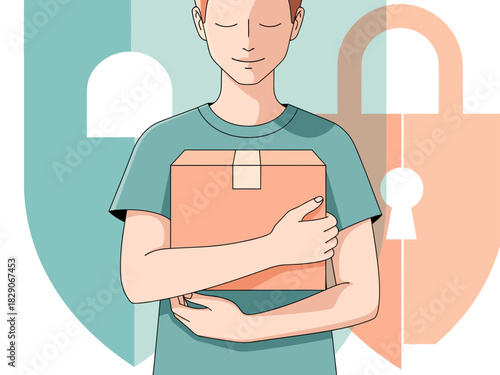 A young man confidently holds a package, symbolizing safe arrival. A shield and lock graphic reinforces security. Modern illustration style, soft colors, and a reassuring composition.