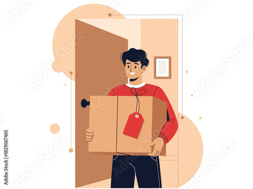  man delivers a package showcasing free shipping joy Modern illustration with a welcoming doorway and a red tag Great for e-commerce and delivery promotions