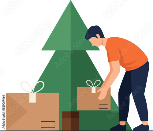 A man prepares gifts for Christmas, stacking boxes near a decorated tree. A ready-for-morning scene with a warm, inviting feel. Suitable for holiday and seasonal themes.