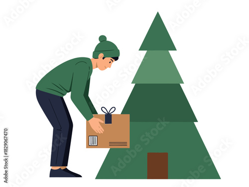 A young man prepares for the morning by placing a gift box near a Christmas tree.  Stylized illustration, festive, ready for the day.  Bright, cheerful, modern style.