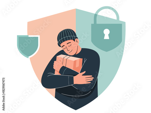 A man embraces a package, feeling safe and secure behind a shield. ?Safe Sound Arrival? emphasizes a sense of peace and delivery security. Modern illustration style.