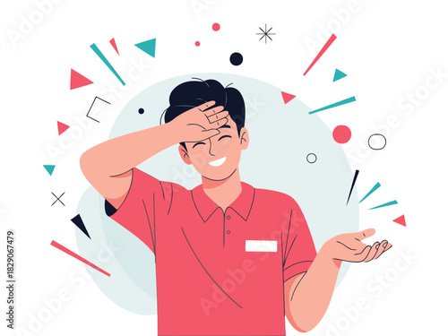  man with a slightly overwhelmed expression gesturing with his hands surrounded by celebratory confetti Modern flat illustration style Mission Accomplished Today