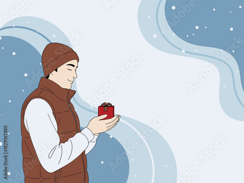  man presents a small gift outdoors on a snowy day Soft wintery tones and a simple composition create a heartwarming scene Ideal for holiday or gifting themes