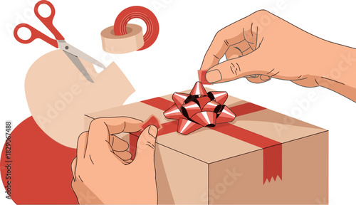 A person carefully wraps a gift box with ribbon and tape. The image showcases a festive, prepared gift, ideal for holiday or gifting themes. Bright colors and clear composition.