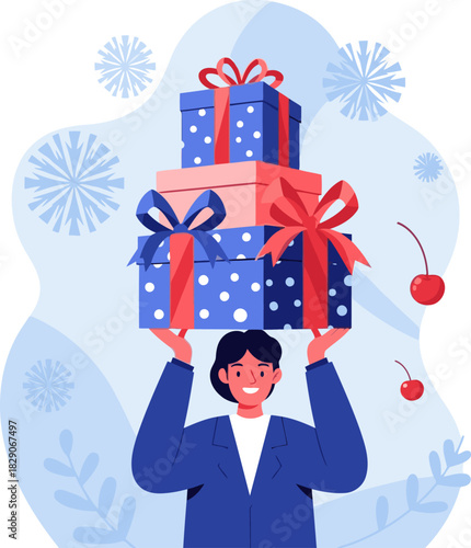 professional holds a stack of beautifully wrapped gifts evoking a festive and generous mood Modern illustration style with a soft blue and pink color palette