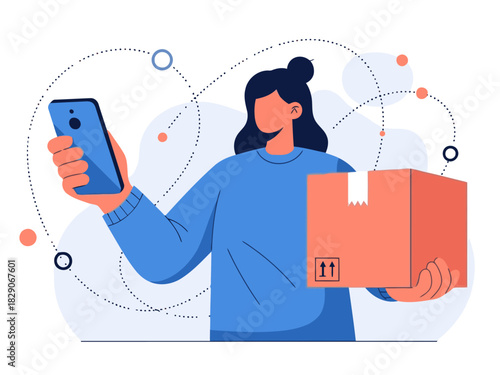 A woman holds a box, interacting with a smartphone, symbolizing online to offline shipping. Modern illustration style, bright colors, and a clean design. Click to ship!