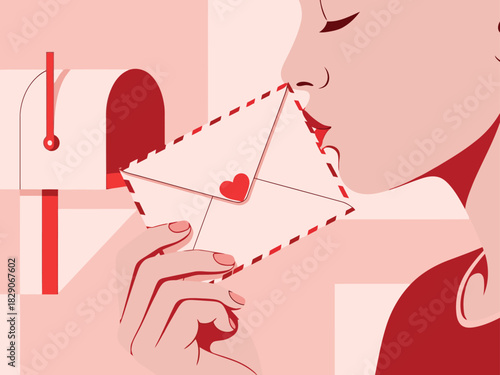 A woman delicately tastes a letter, framed by a vintage mailbox. The illustration evokes romance and nostalgia with a bold red color palette. Perfect for Valentine's Day or love-themed campaigns.