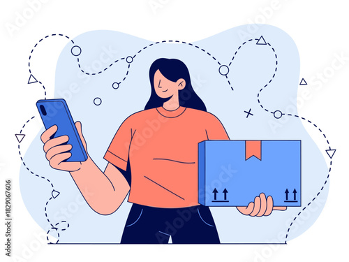 A woman transitions from online to offline, holding a phone and a box. Modern illustration style, inviting a click to ship. Clean, bright design.