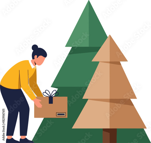 A woman prepares for the morning, placing a gift near a decorated Christmas tree. A warm, inviting scene ready for the holiday season.