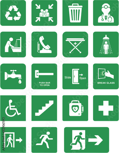 Safe Condition Safety Sign Icons Set. Green Square Emergency & First Aid Symbols. Flat Vector Collection
