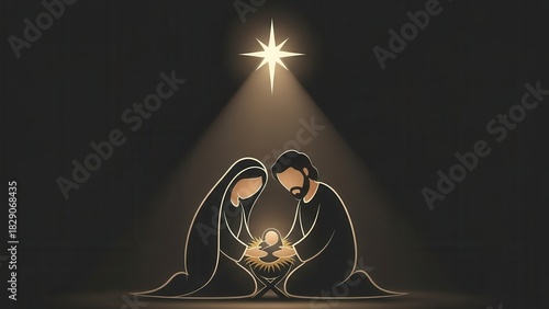 Minimalist nativity scene with Mary, Joseph and baby Jesus under Bethlehem star, Christian Christmas illustration about faith, hope and holy night.