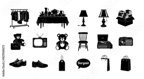 Vintage silhouette icons: home goods, clothing, and electronics collection