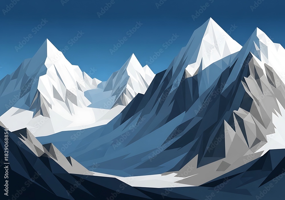 Fototapeta premium Geometric mountain range with snowy peaks against a clear blue sky