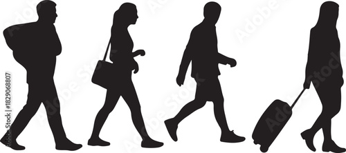 Silhouetted figures of various ethnicities walk with bags, suitcases, and personal items against transparent background