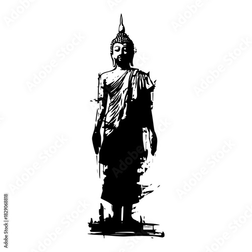 Standing Buddha Statue — Hand-Drawn Black and White Vector Illustration