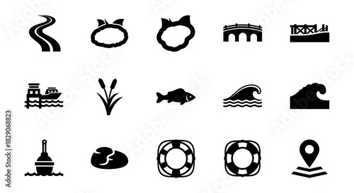 Collection of nautical and nature icons in black silhouette style