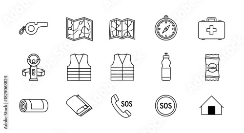 Essential camping gear icons: survival tools and safety equipment in linear style