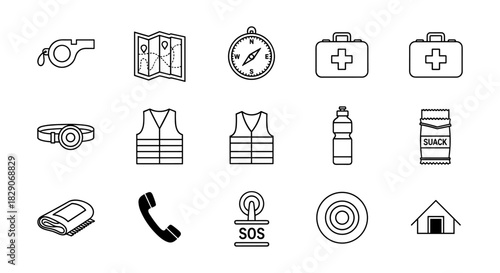 Essential camping and safety gear icons for outdoor adventures