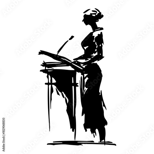 Woman speaking at podium Vector silhouette of a female public speaker behind a lectern with microphone in grunge ink sketch style
